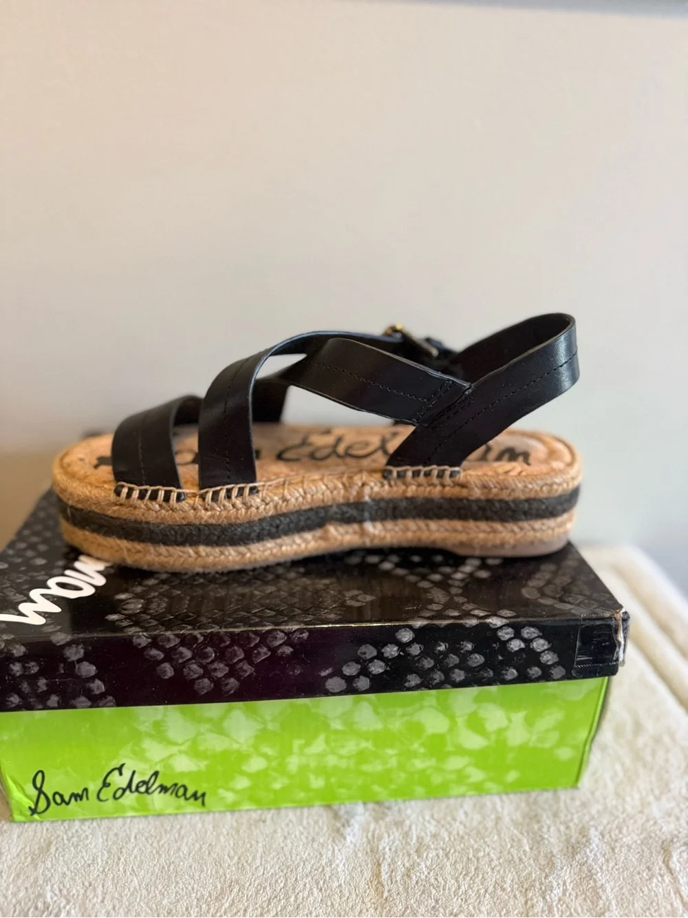 Sam Edelman Aisling Black Leather Espadrille Platform Sandal NEW